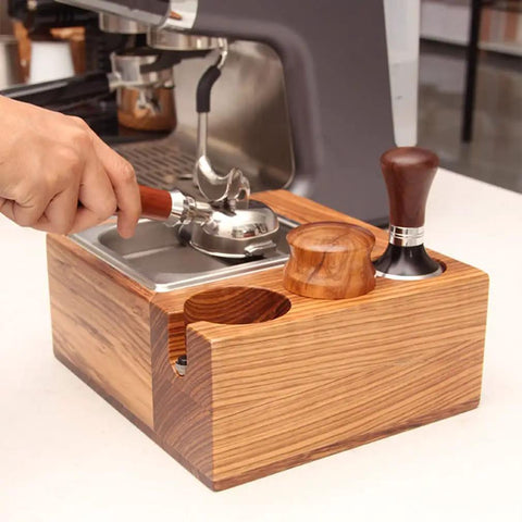 Espresso Tamping Station With Knock Box And Solid Wood Filter Holder Fits 58Mm Portafilters Keeps Countertops Pristine For A Slick Game Changer Setup, showcasing solid wood and integrated design.