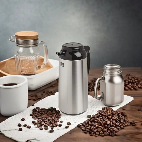 Premium Thermal Carafe 1.85 Liter Stainless Steel Vacuum Insulated with One Touch Pour Keeps Coffee Hot Longer Brushed Finish Durable Made in Japan for Home, Office, and Kitchen
