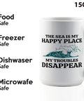 Sailor Themed 15oz White Coffee Mug for Boaters and Mariners, "The Sea is My Happy Place" text, displayed with use icons