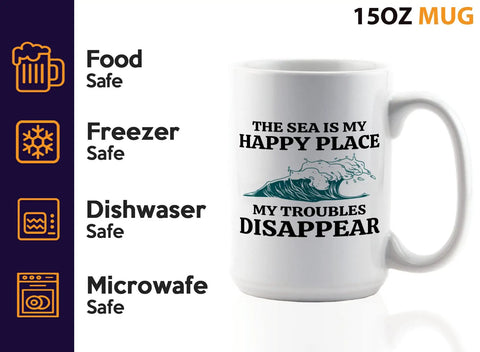 Sailor Themed 15oz White Coffee Mug for Boaters and Mariners, "The Sea is My Happy Place" text, displayed with use icons
