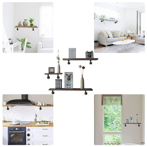 Industrial Pipe Shelf Brackets Set Of 6 For DIY Floating Shelves Black Iron Wall Mount Hardware Included displayed in various rooms.