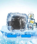 Compact Automatic Countertop Ice Maker Cranks Out Fresh Cubes In Eight Flat Minutes encased in ice, showcasing silent operation.