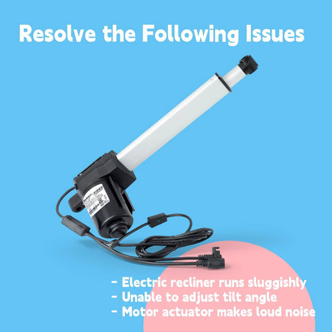 Side view of a white linear lift chair actuator with black motor housing and attached wiring