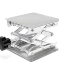 Front view of Wisamic lab jack scissor stand with a square 4x4 in stainless steel platform and adjustable screw lift