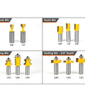 Pro Grade 1/2 Inch Shank Router Bit Set, 70 Piece Carbide Kit showing keyhole, dado, beading, and slotting bits with sizes