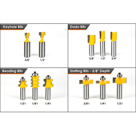 Pro Grade 1/2 Inch Shank Router Bit Set, 70 Piece Carbide Kit showing keyhole, dado, beading, and slotting bits with sizes