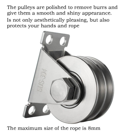 Heavy Duty Double Groove Cable Fixed Pulley Block With Built-In Bearings In Stainless Steel, side view showing polish finish