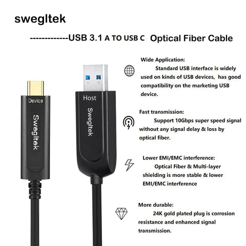 Heavy Duty 65 Foot Fiber Optic USB A To C Active Cable Cranks 10gbps Sync Speeds For Rip Through Media Uploads And Zero Lag Gaming Without Dead Weight Or Snappy Drops with USB connectors
