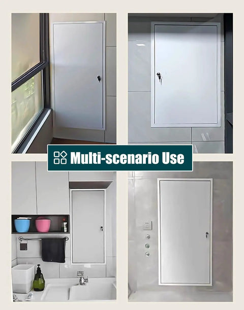 Heavy Duty Steel Drywall Access Door And Lockable Maintenance Hatch For Attic Kitchen Or Bathroom Wall Featuring Secure Key Combo And Hassle Free Install Setup 28 By 54 Inches placed in various settings.