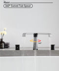 Matte Black Deck Mount Bathtub Faucet With Waterfall Flow Three Hole Tub Filler With Two Handles All Brass Construction Ceramic Cartridge Drip Free High Flow 11 GPM At 60 PSI showcasing 360-degree swivel.