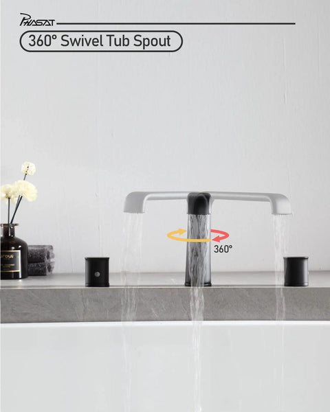 Matte Black Deck Mount Bathtub Faucet With Waterfall Flow Three Hole Tub Filler With Two Handles All Brass Construction Ceramic Cartridge Drip Free High Flow 11 GPM At 60 PSI showcasing 360-degree swivel.