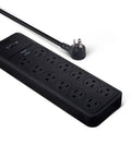 Slick Black Heavy Duty 12 Outlet Surge Protector Power Strip With 8 Foot Extension Cord and 4000 Joules, showcasing 12 outlets.