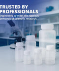Go To Lab Sample Bottles With Lids Polypropylene 60ml 12 Pack in a laboratory setting with secure screw caps and clear design