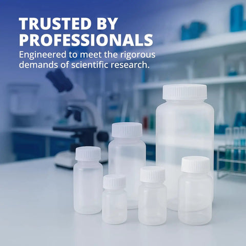 Go To Lab Sample Bottles With Lids Polypropylene 60ml 12 Pack in a laboratory setting with secure screw caps and clear design