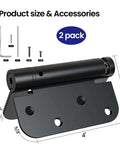 Self Closing Door Hinges 4 Inch Matte Black Spring Loaded Five Eighth Inch Radius Corners Adjustable Tension 2 Pack with accessories