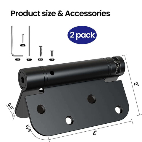 Self Closing Door Hinges 4 Inch Matte Black Spring Loaded Five Eighth Inch Radius Corners Adjustable Tension 2 Pack with accessories