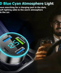 Superfast Eighty Eight Watt Four Port USB C Car Charger With Digital Voltmeter PD QC 3.0 in vehicle cup holder with LED display.