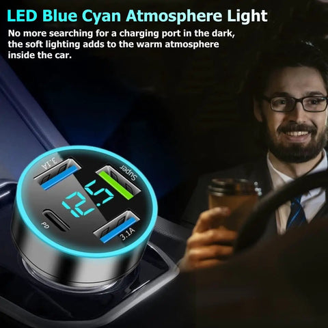 Superfast Eighty Eight Watt Four Port USB C Car Charger With Digital Voltmeter PD QC 3.0 in vehicle cup holder with LED display.
