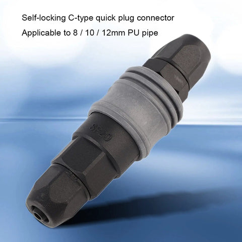 Close-up of 8mm C Type Push In Self Locking Air Fitting, plastic quick connector for 8/10/12mm PU pipes, for pneumatic systems.