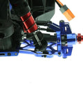 Close-up of Beefed Up Metal C Hub Carriers and Caster Blocks for 1/8 and 1/10 scale RC cars, showing blue alloy and suspension detail.