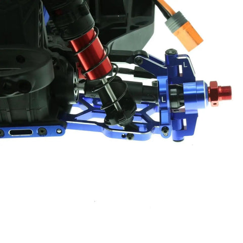 Close-up of Beefed Up Metal C Hub Carriers and Caster Blocks for 1/8 and 1/10 scale RC cars, showing blue alloy and suspension detail.