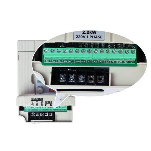 Close-up of terminal connections of Single Phase To Three Phase VFD Drive For Spindle Motors, Real Workhorse 1.5KW 2HP 220V Inverter