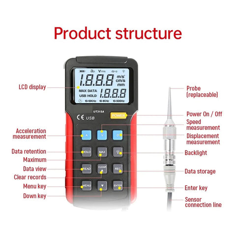 Digital Vibration Meter Handheld Industrial Vibration Sensor And Analyzer With Probe For Pro Grade Accuracy In Acceleration Velocity And Displacement Measurements Rugged Portable Vibration Tester For On Site Diagnostics, front view
