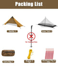 Packing list for Ultralight One Person Tent For Backpackers And Hikers, includes rainfly, inner tent, no trekking pole, ropes, stakes.