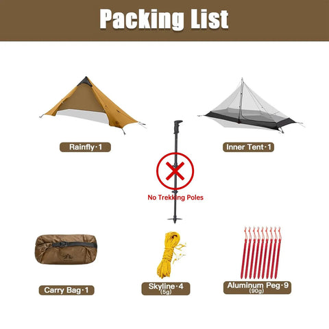 Packing list for Ultralight One Person Tent For Backpackers And Hikers, includes rainfly, inner tent, no trekking pole, ropes, stakes.