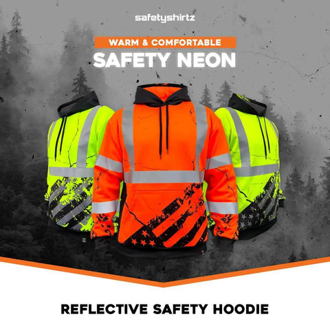 American Grit Hi Vis Hoodie for Men Built Tough, Class 3 Type R Safety Sweatshirt in yellow with reflective hood and fleece interior.
