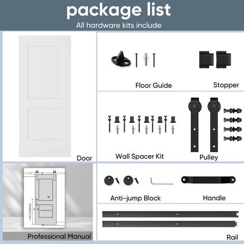Package contents of 36 By 84 Inch Sliding Barn Door Kit, White Primed Composite Interior Slab With 2 Panels shown with hardware