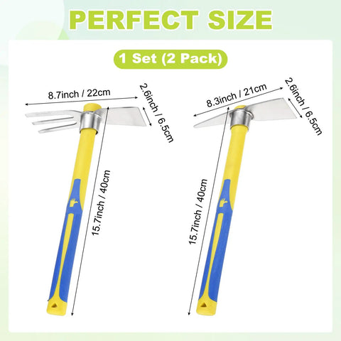 Two Piece Garden Hoe Tools Set With 15.7 Inch Stainless Steel Cultivator Tiller And Pick Mattock Hoe Fiberglass Handle, dimensions shown