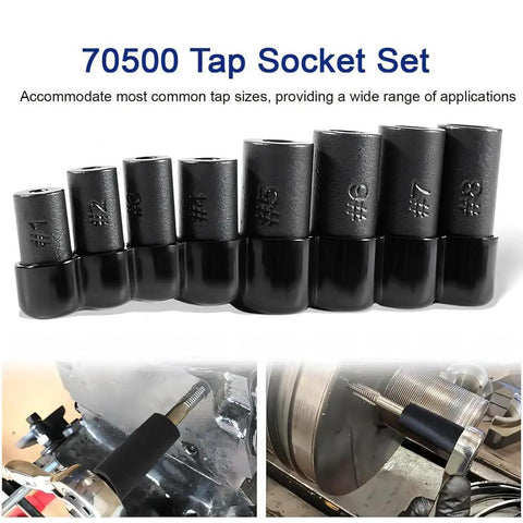 8-Piece Tap Socket Set For 1/4 And 3/8 Inch Drives Fits MCTI Standard Taps Up To 1/2 Inch 1/8 NPT And Metric Taps To 12mm shown lined up