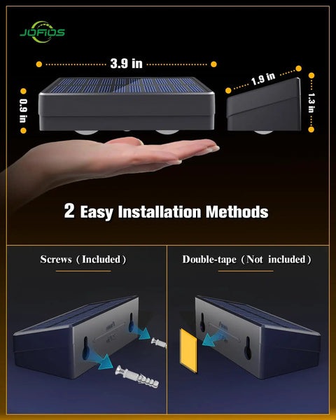 12 Pack Solar Fence Lights Slinging 50 Lumens Of Seriously Bright Glow Featuring Twelve Adjustable RGB Modes To Kick Up The Vibe On Your Patio Deck Or Backyard Railing Weatherproof Outdoor Lighting Solution Built To Last, showcasing size and installation methods.