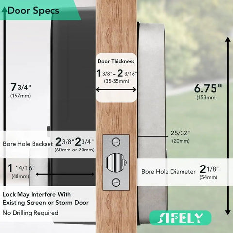 Built In WiFi Smart Deadbolt With Keypad For Keyless Entry And App Control, Auto Lock, 150 Plus Codes, Ideal For Home, Airbnb And Rentals, Works With Alexa And Google Assistant showing door specifications with dimensions and installation details.