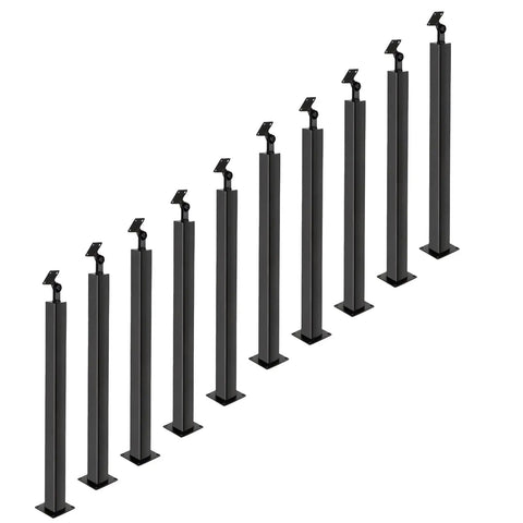 Slick Matte Black Metal Railing Post With Holeless Stair Build, showcasing multiple adjustable posts for safety on porches and balconies.