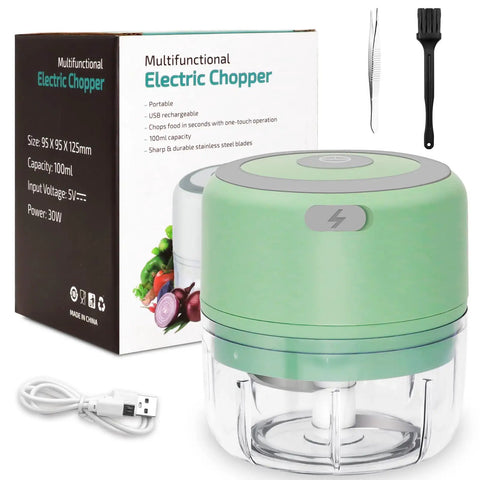 Electric Herb Grinder For Spice And Dry Herbs With 3.4 Ounce Capacity One Touch Operation For Fast Grinding Portable USB Charging Clear Viewing Chamber Includes Cleaning Brush And Tweezers Pale Green Gift Ready in packaging with accessories.