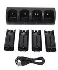 Four In One Remote Controller Charging Station With Four 2800mAh Rechargeable Batteries USB Cable For Gaming Remotes Controllers Not Included Black, showing black dock, batteries, and cable