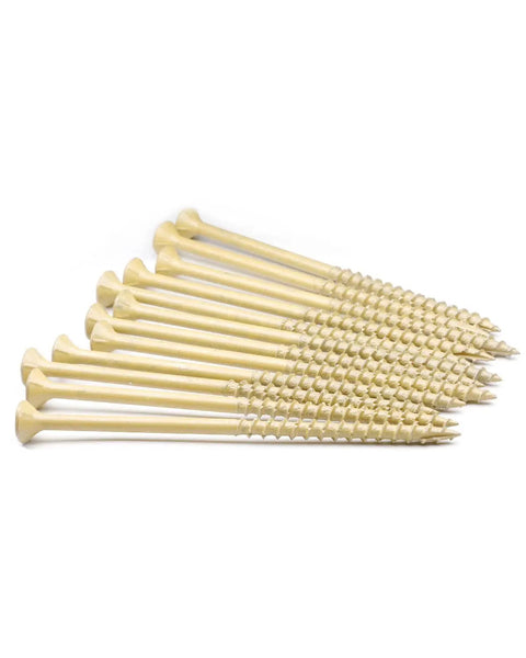 Heavy Duty Deck Screws And Exterior Wood Fasteners For Pressure Treated Lumber Boasting Badass Tan Coating Resistance And Star Drive Tip Self Tapping Design crafted from carbon steel, 10 x 4 inch.