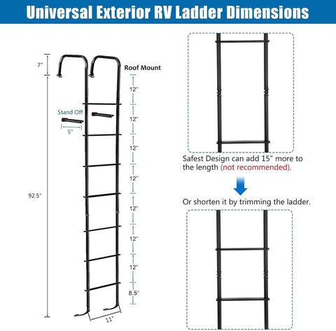 Premium Aluminum Exterior RV Ladder 7 Step For Travel Trailers Universal Outdoor Ladder Lightweight Yet Heavy Duty Rust Resistant Easy Install Supports Up To 250 Pounds dimensions diagram with roof mount and stand-off