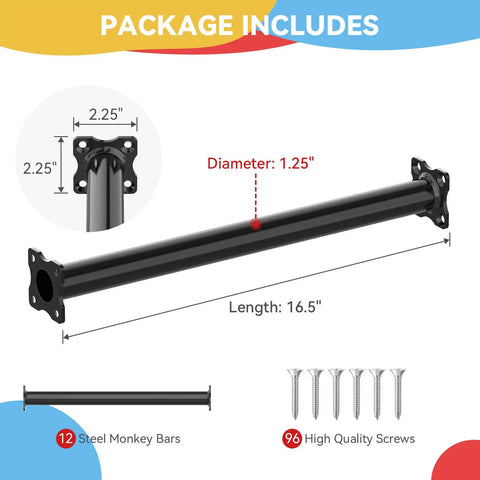 Package includes diagram of Heavy Duty 16.5 Inch Monkey Bars Kit with 12 Rungs for Backyard Indoor Outdoor Playset Metal Swing Set Accessory
