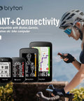 Cyclist with helmet using Gardia R300L Cycling Radar with Bryton bike computer, showing ANT+ connectivity.