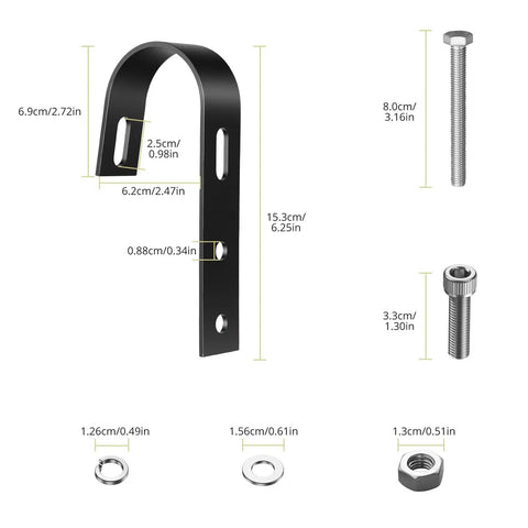 Dimensions of Two Pack Solar Panel Fence Mounting Kit For Balcony And Outdoor Spaces black bracket and fasteners