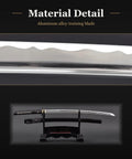 Katana Iaito Aluminum Alloy Training Sword For Iaido Practice, unsharpened blade detail with saya and stand view