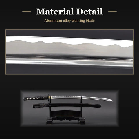 Katana Iaito Aluminum Alloy Training Sword For Iaido Practice, unsharpened blade detail with saya and stand view