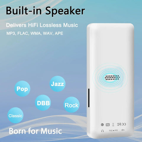 Back view of Bluetooth MP3 Player With Dope Built In Speaker And 64GB Card showing speaker and music genre icons.
