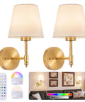 Wireless Rechargeable Wall Sconce Set Of Two Featuring Smart Remote Control Zero Wire Drama Totally Hassle Free Install And Super Versatile Mood Lighting For Any Bedroom Or Hallway, gold finish with fabric shades.