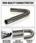 Flexible Stainless Steel Exhaust Tubing 1.5 In ID X 27.6 In Laser Welded Flex Pipe Kit highlighted in various views.