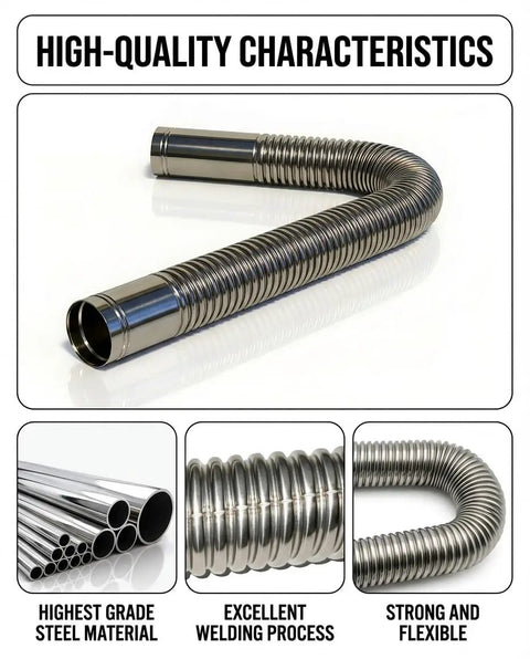 Flexible Stainless Steel Exhaust Tubing 1.5 In ID X 27.6 In Laser Welded Flex Pipe Kit highlighted in various views.