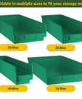Green storage bins in multiple sizes for Badass Heavy Duty Metal Wire Utility Rack With 18X36X74 dimensions for organizing garage gear.